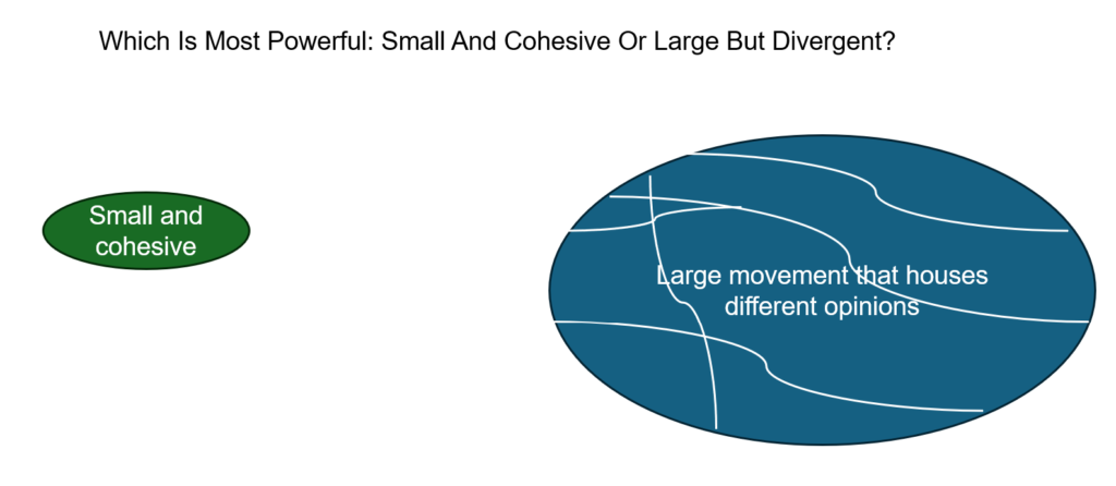 Which Is Most Powerful: Small And Cohesive Or Large But Divergent?