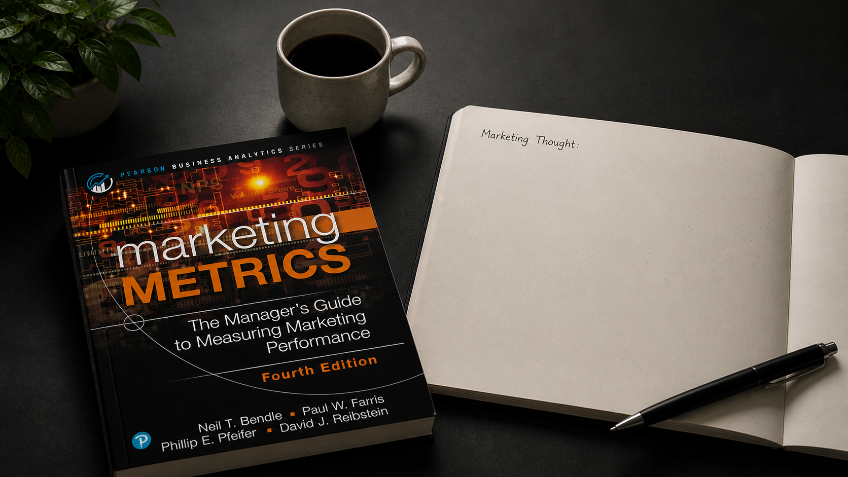 The book, Marketing Metrics, 4th Edition, sitting on a desk with an empty notepad.