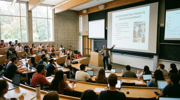 AI take on "a picture of a class of students in a marketing class at a large public research university in the south of the US". This is wrong as the professor is much better dressed than me.